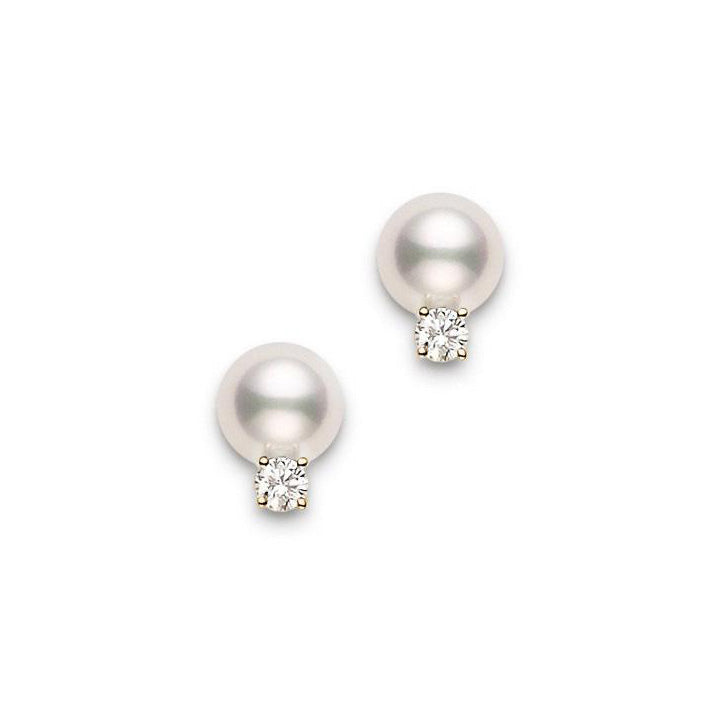 Mikimoto Women's 6mm Diamond Earrings with Pearl in Yellow Gold